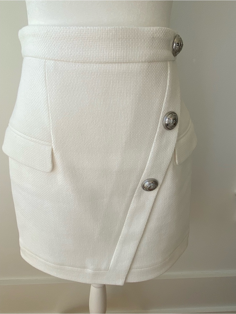 Balmain Ivory Mini Skirt with Decorative Silver Metal Buttons